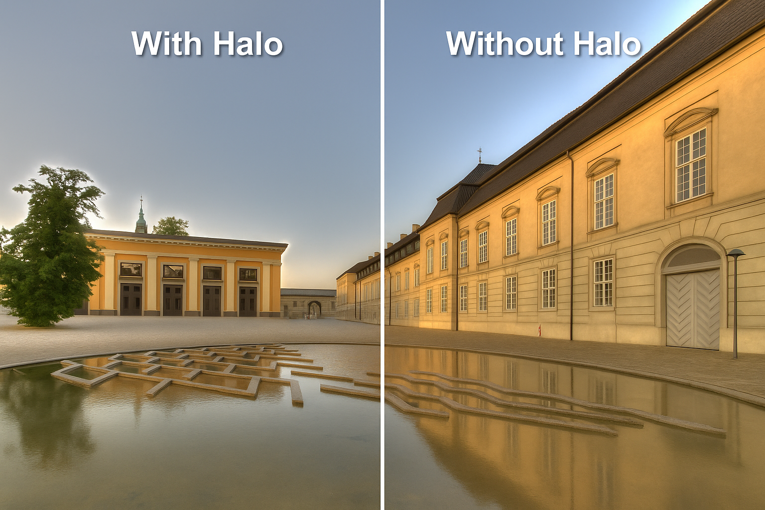 Halo 抑制示例，比较不同算法在强光边缘的晕圈控制效果